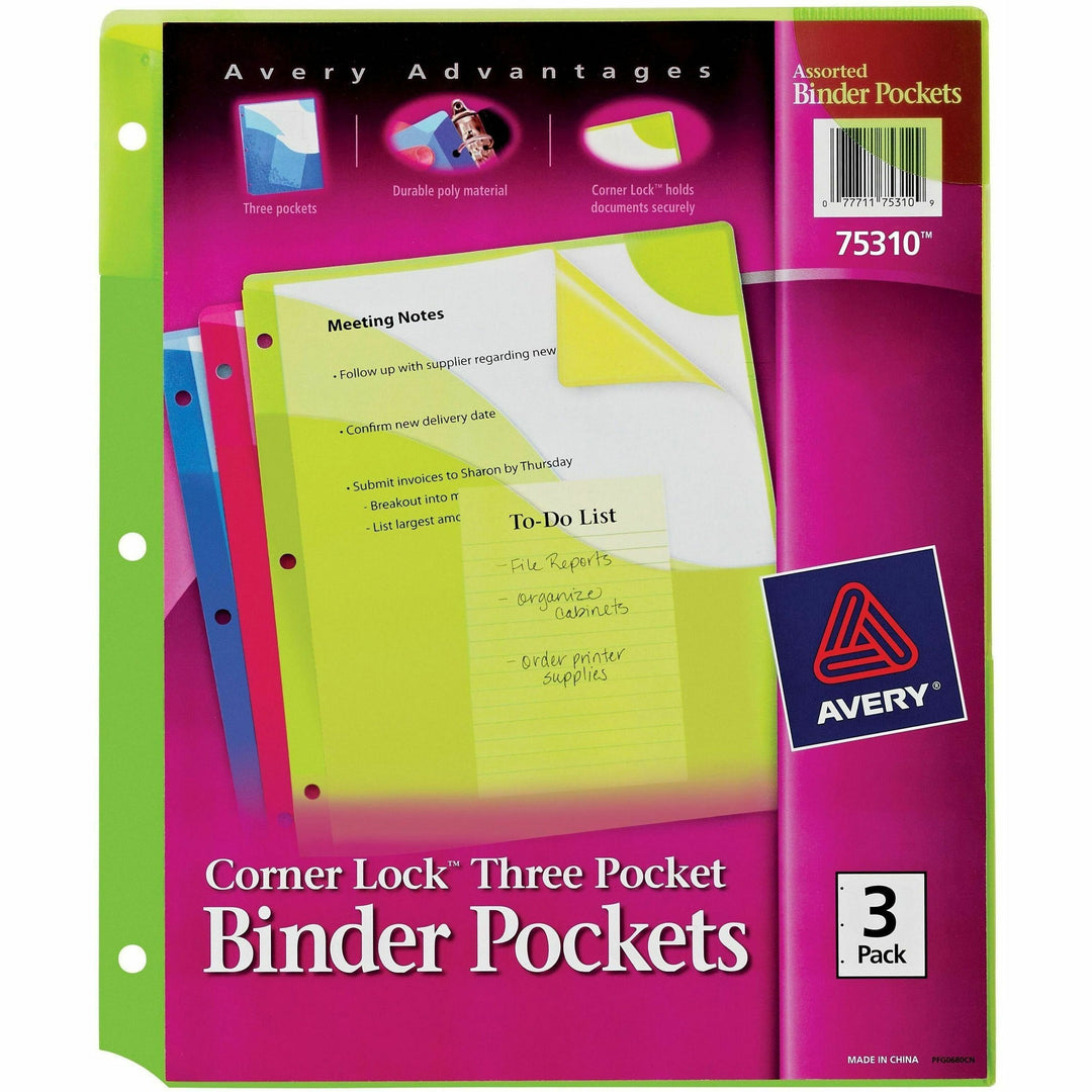 Image of Avery® Corner Lock Three-Pocket Binder Pocket, 9.25 x 11.25, Assorted Color, 3/Pack