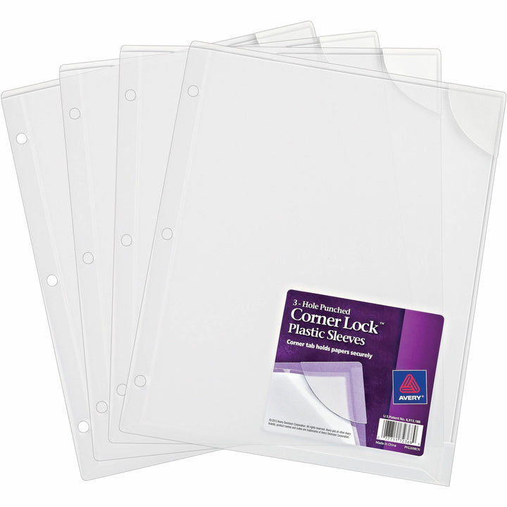 Image of Avery® Three-Hole Punched Corner Lock Plastic Sleeves, 9.5 x 11.75, Clear, 4/Pack
