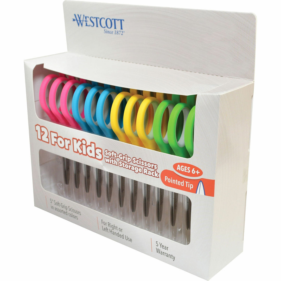 Image of Westcott® Soft Handle Kids Scissors, Pointed Tip, 5" Long, 1.75" Cut Length, Straight Assorted Color Handles, 12/Pack