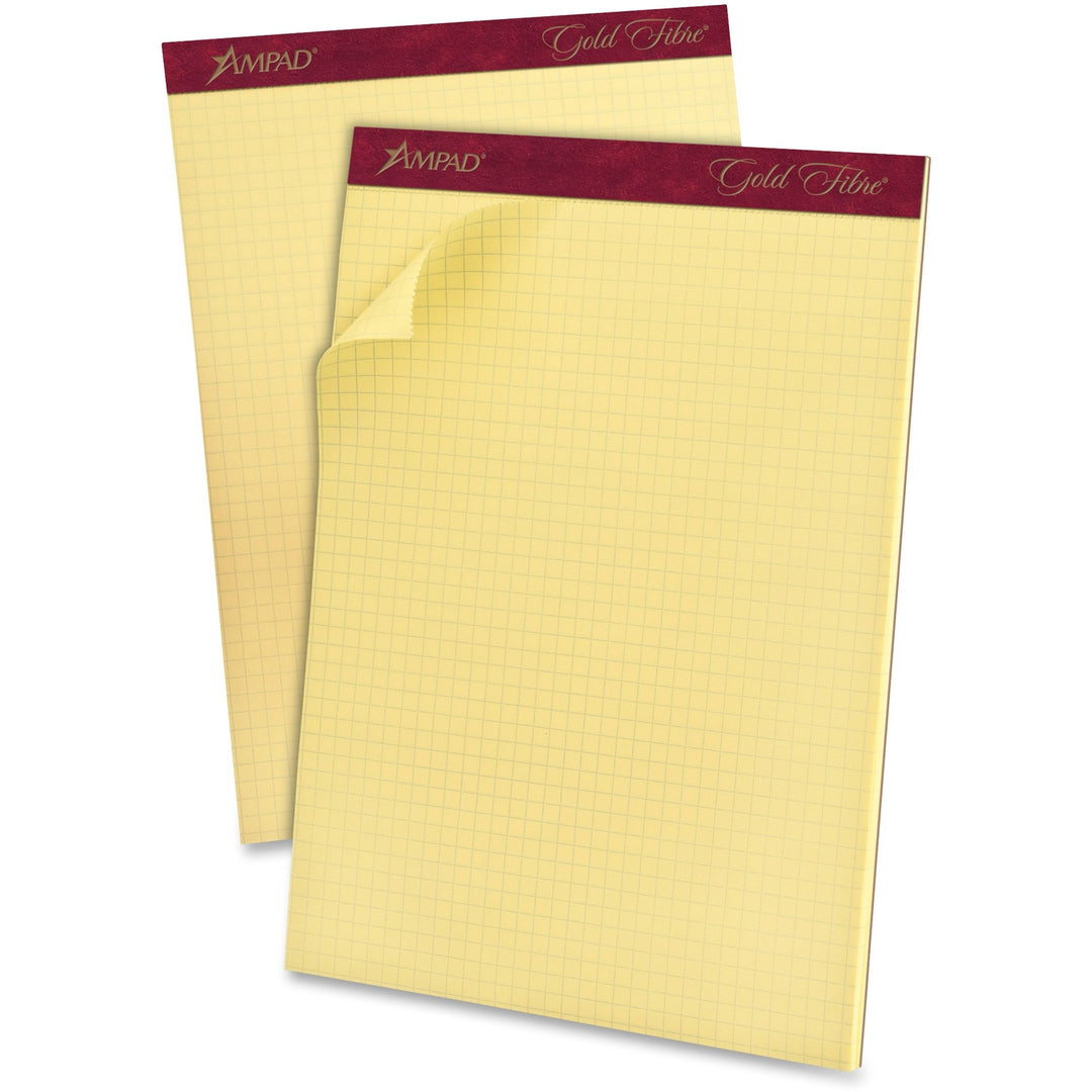 Image of Ampad® Gold Fibre Canary Quadrille Pads, Stapled With Perforated Sheets, Quadrille Rule (4 Sq/in), 50 Canary 8.5 X 11.75 Sheets