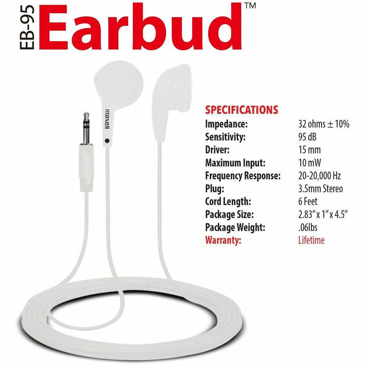 Image of Maxell® EB-95 Stereo Earbuds, 4 ft Cord, White
