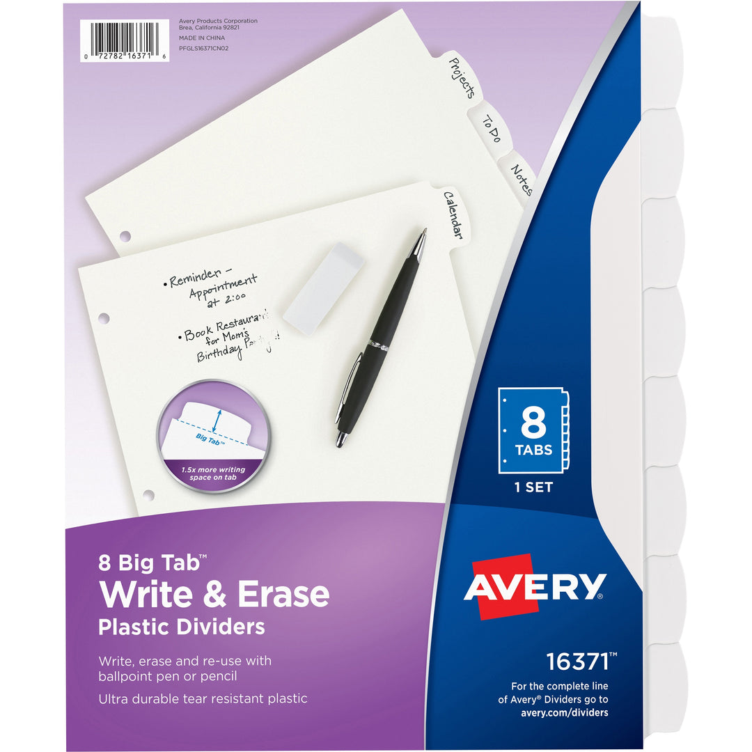 Image of Avery® Write and Erase Big Tab Durable Plastic Dividers, 3-Hole Punched, 8-Tab, 11 x 8.5, White, 1 Set