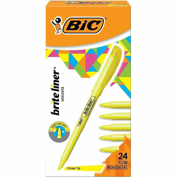 Image of BIC BriteLiner BL241YW Brite Liner Highlighters, Fluorescent Yellow Ink, Water Based, 24 / Box