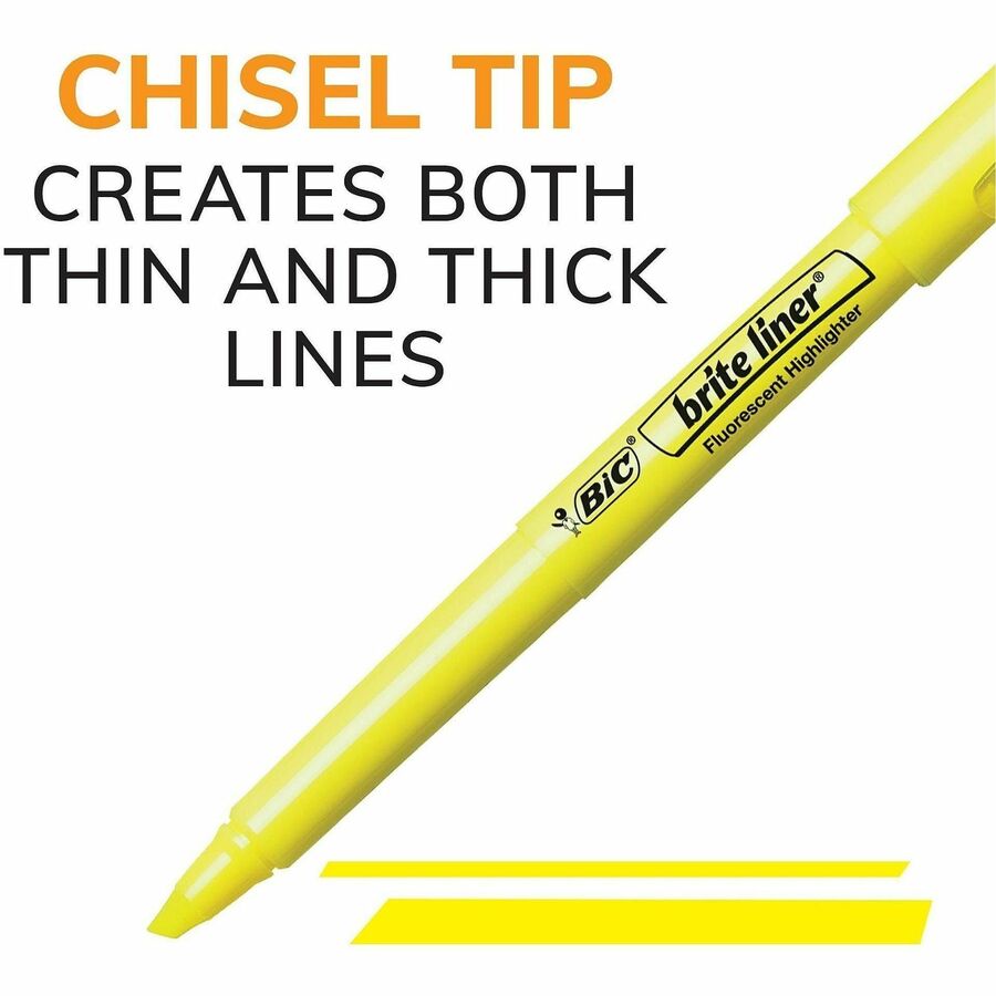 Image of BIC BriteLiner BL241YW Brite Liner Highlighters, Fluorescent Yellow Ink, Water Based, 24 / Box