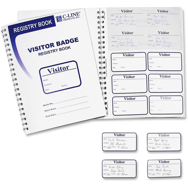 Image of C-Line® Visitor Badges With Registry Log, 3 5/8 X 1 7/8, White, 150 Badges/box