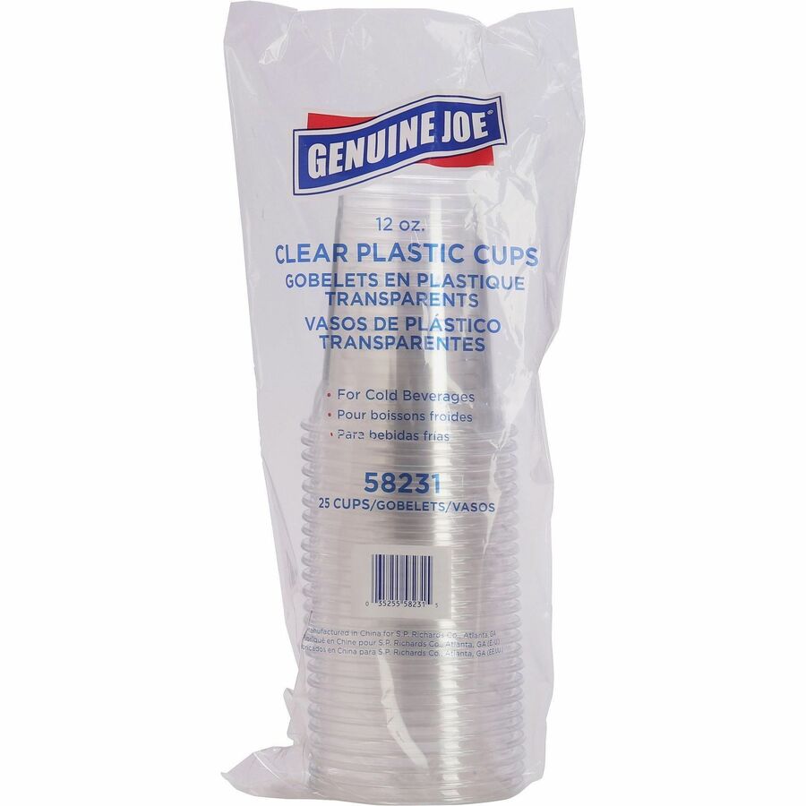 Image of Genuine Joe 58231 12 oz Clear Plastic Cups, 12 fl oz, Clear, Plastic, Cold Drink, Beverage, 25 / Pack