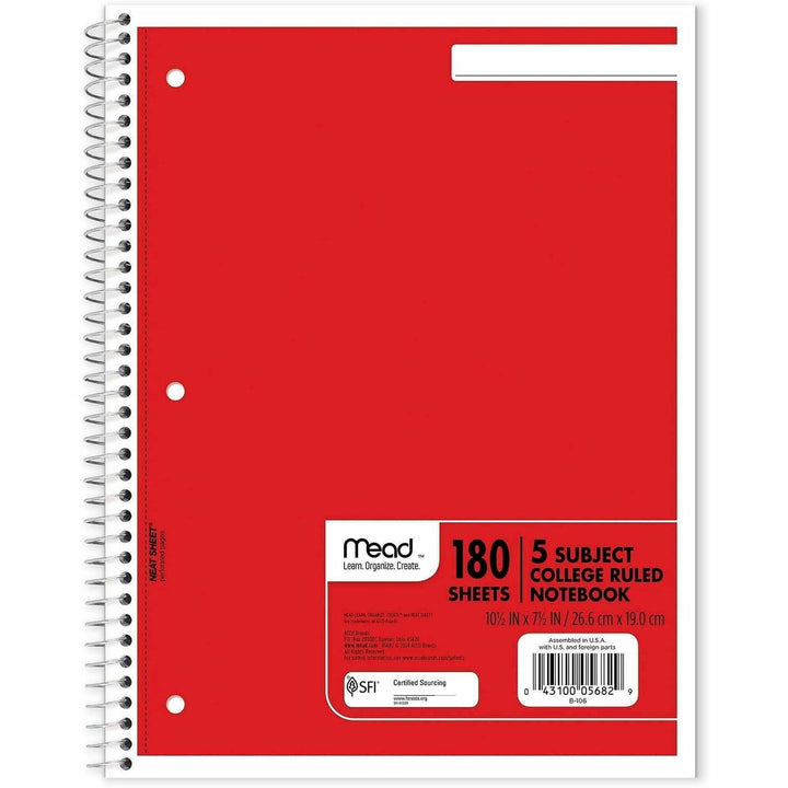 Image of Mead® Spiral Notebook, 5-Subject, Medium/College Rule, Randomly Assorted Cover Color, (180) 10.5 x 8 Sheets