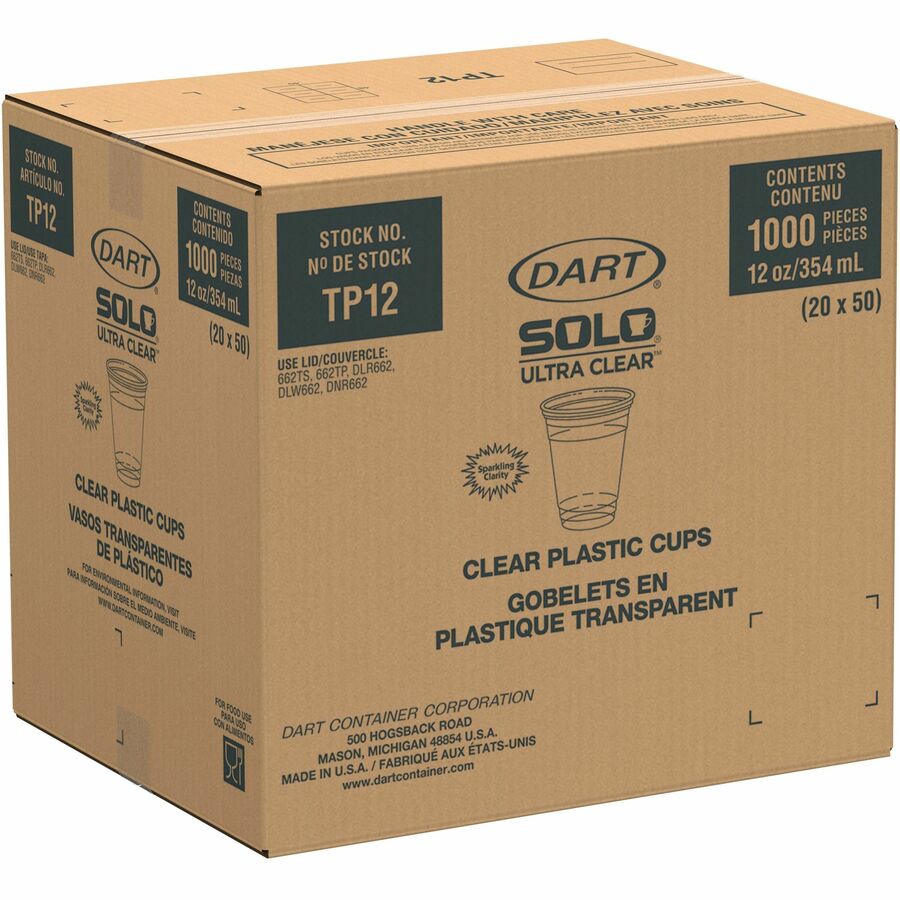 Image of Solo TP12 Ultra Clear 12 oz Practical-Fill Cold Cups, 12 fl oz, Clear, PETE Plastic, Cold Drink, Water, Juice, Soda, 50/Pack, 20 / Carton