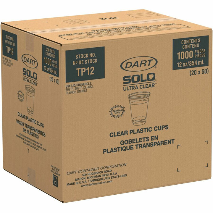 Image of Solo TP12 Ultra Clear 12 oz Practical-Fill Cold Cups, 12 fl oz, Clear, PETE Plastic, Cold Drink, Water, Juice, Soda, 50/Pack, 20 / Carton