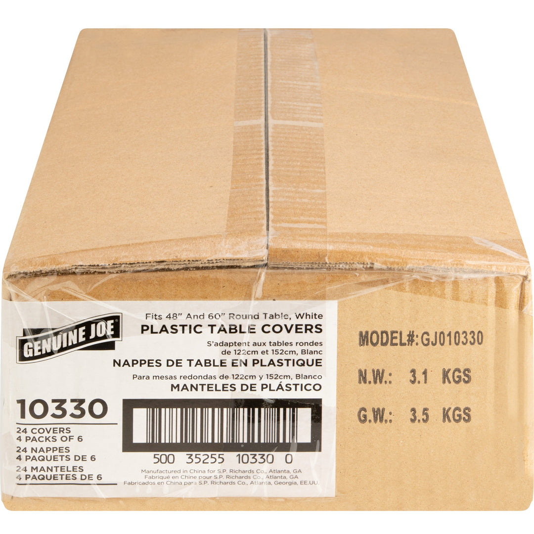 Image of Genuine Joe 10330CT Plastic Round Tablecovers, 84" Diameter, Plastic, White, 6/Pack, 4 / Carton