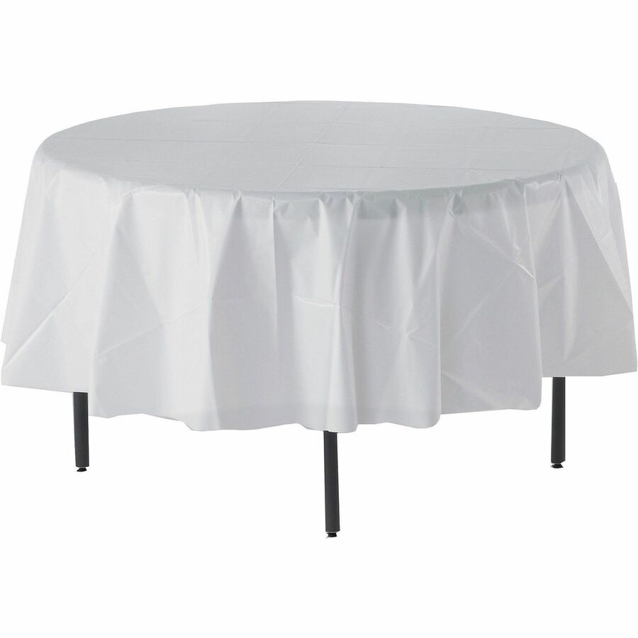 Image of Genuine Joe 10330CT Plastic Round Tablecovers, 84" Diameter, Plastic, White, 6/Pack, 4 / Carton