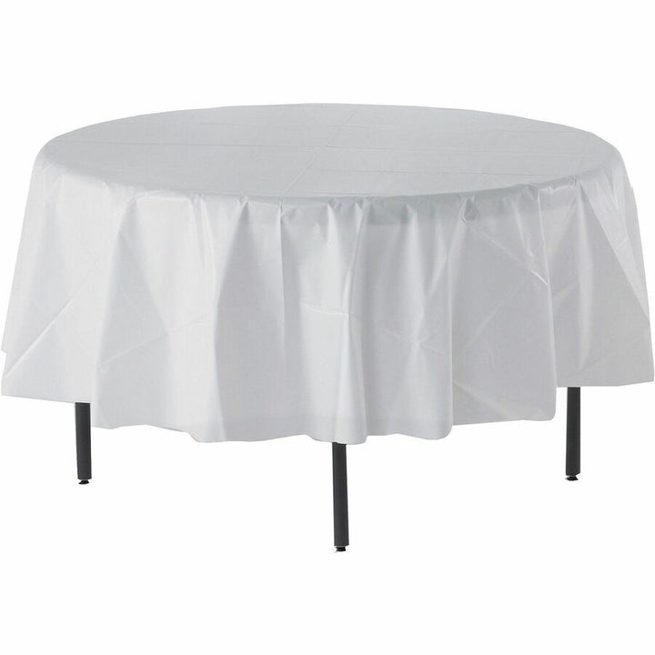 Image of Genuine Joe 10330CT Plastic Round Tablecovers, 84" Diameter, Plastic, White, 6/Pack, 4 / Carton