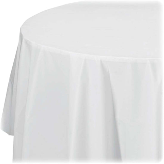 Image of Genuine Joe 10330CT Plastic Round Tablecovers, 84" Diameter, Plastic, White, 6/Pack, 4 / Carton
