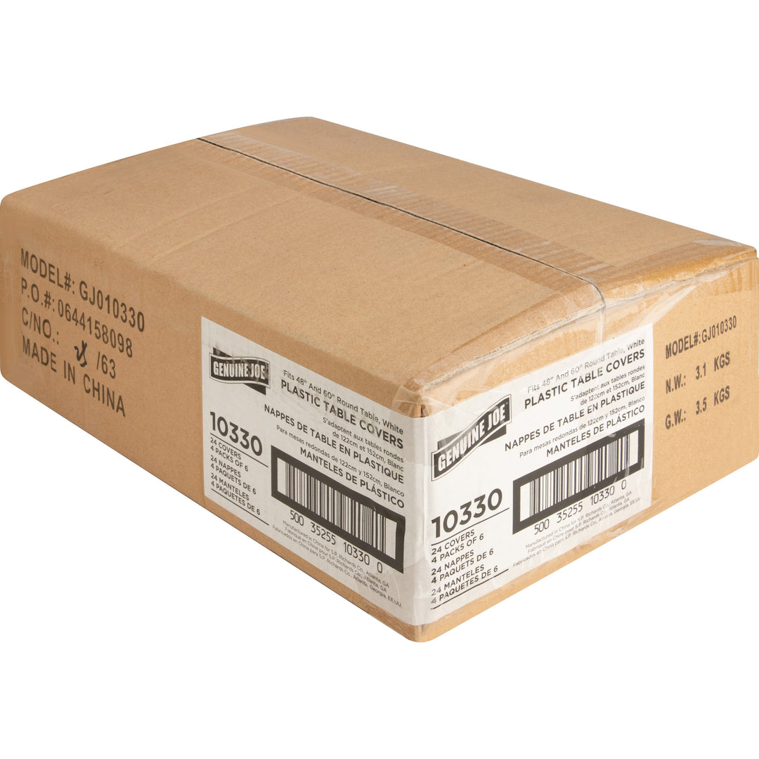 Image of Genuine Joe 10330CT Plastic Round Tablecovers, 84" Diameter, Plastic, White, 6/Pack, 4 / Carton