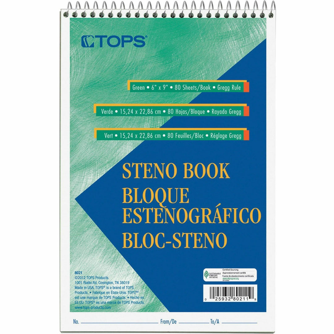Image of Tops Steno Book, Gregg Rule, 80Sheets/PD, 6"X9", GN Tint