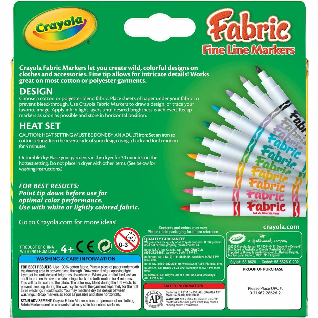 Image of Crayola® Fabric Markers, Fine Line, Nontoxic, 10/ST, Assorted