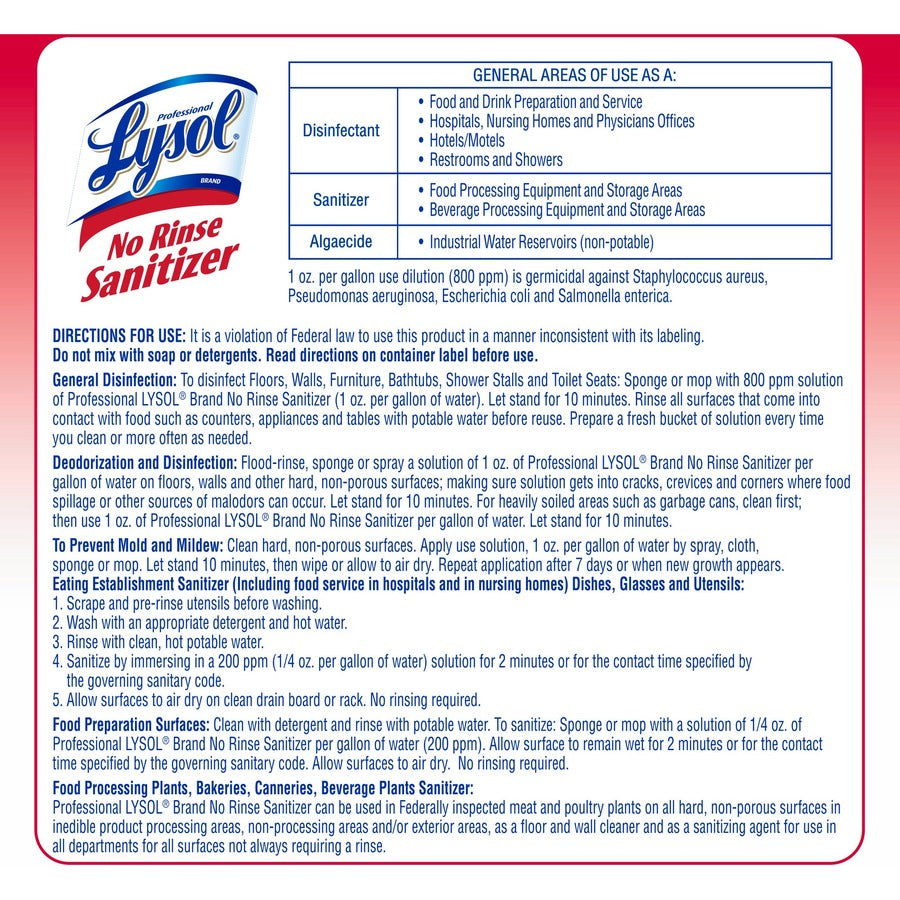 Image of Professional Lysol 3624174389 No Rinse Sanitizer, Concentrate, 128 fl oz (4 quart), Disinfectant, Anti-bacterial, Clear, 1 Each