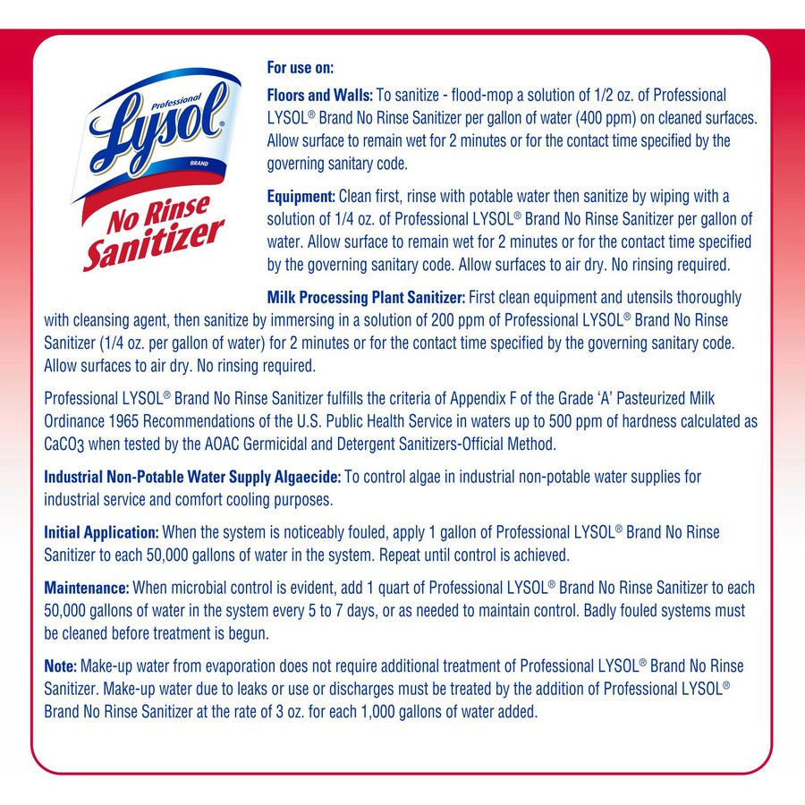 Image of Professional Lysol 3624174389 No Rinse Sanitizer, Concentrate, 128 fl oz (4 quart), Disinfectant, Anti-bacterial, Clear, 1 Each