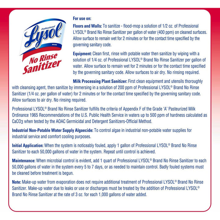 Image of Professional Lysol 3624174389 No Rinse Sanitizer, Concentrate, 128 fl oz (4 quart), Disinfectant, Anti-bacterial, Clear, 1 Each