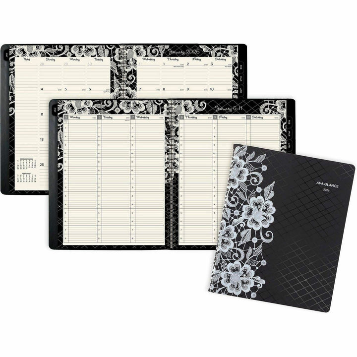 Image of AT-A-GLANCE® Lacey Weekly Block Format Professional Appointment Book, Lacey Artwork, 11 x 8.5, Black/White, 13-Month: Jan 2025 to Jan 2026