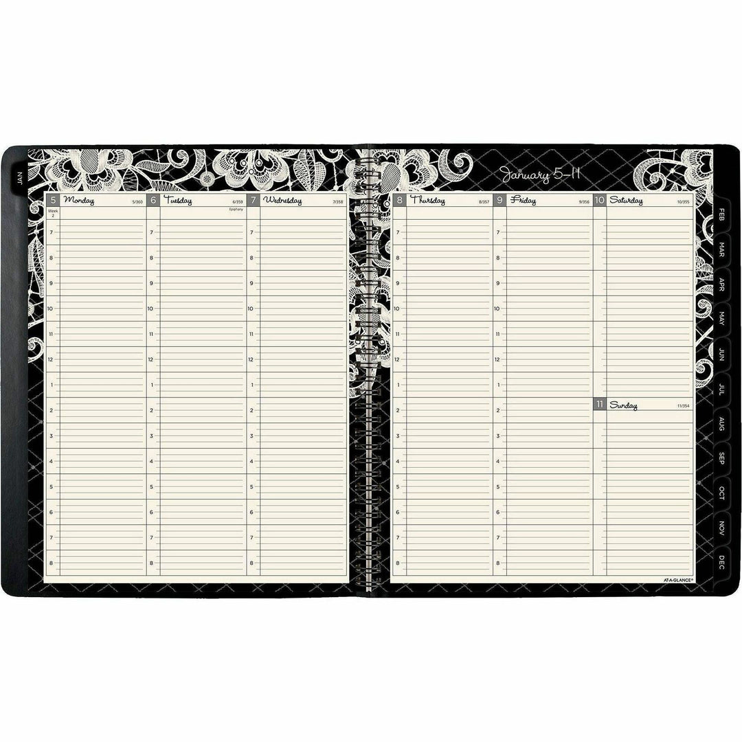 Image of AT-A-GLANCE® Lacey Weekly Block Format Professional Appointment Book, Lacey Artwork, 11 x 8.5, Black/White, 13-Month: Jan 2025 to Jan 2026