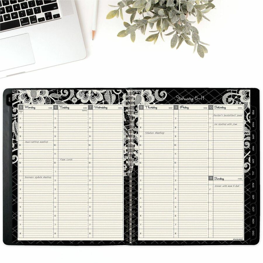 Image of AT-A-GLANCE® Lacey Weekly Block Format Professional Appointment Book, Lacey Artwork, 11 x 8.5, Black/White, 13-Month: Jan 2025 to Jan 2026