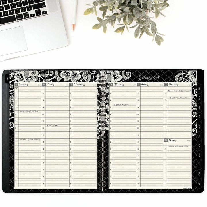Image of AT-A-GLANCE® Lacey Weekly Block Format Professional Appointment Book, Lacey Artwork, 11 x 8.5, Black/White, 13-Month: Jan 2025 to Jan 2026