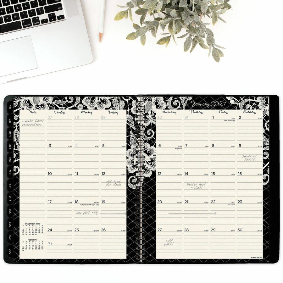 Image of AT-A-GLANCE® Lacey Weekly Block Format Professional Appointment Book, Lacey Artwork, 11 x 8.5, Black/White, 13-Month: Jan 2025 to Jan 2026