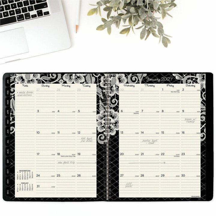 Image of AT-A-GLANCE® Lacey Weekly Block Format Professional Appointment Book, Lacey Artwork, 11 x 8.5, Black/White, 13-Month: Jan 2025 to Jan 2026