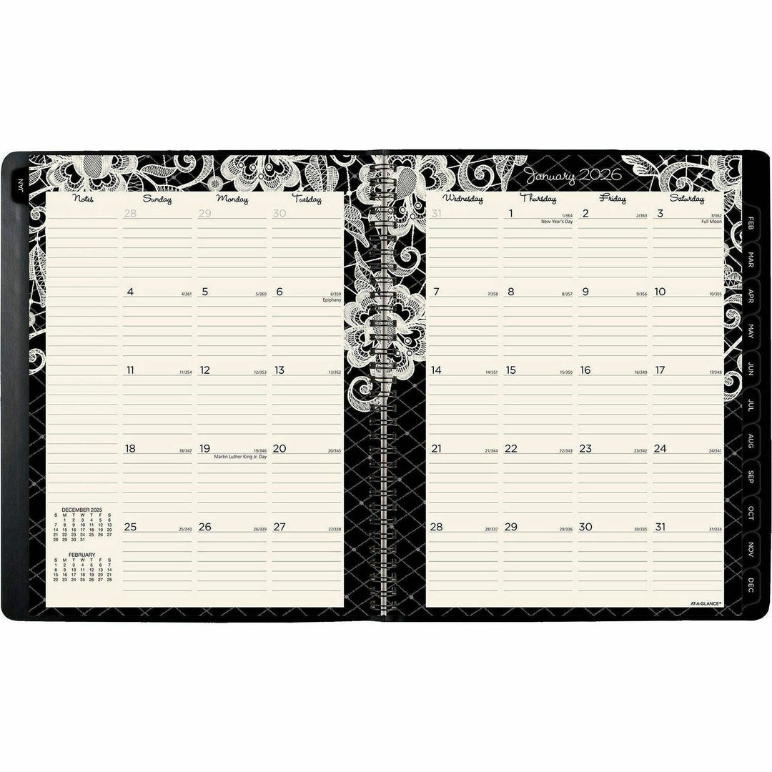 Image of AT-A-GLANCE® Lacey Weekly Block Format Professional Appointment Book, Lacey Artwork, 11 x 8.5, Black/White, 13-Month: Jan 2025 to Jan 2026