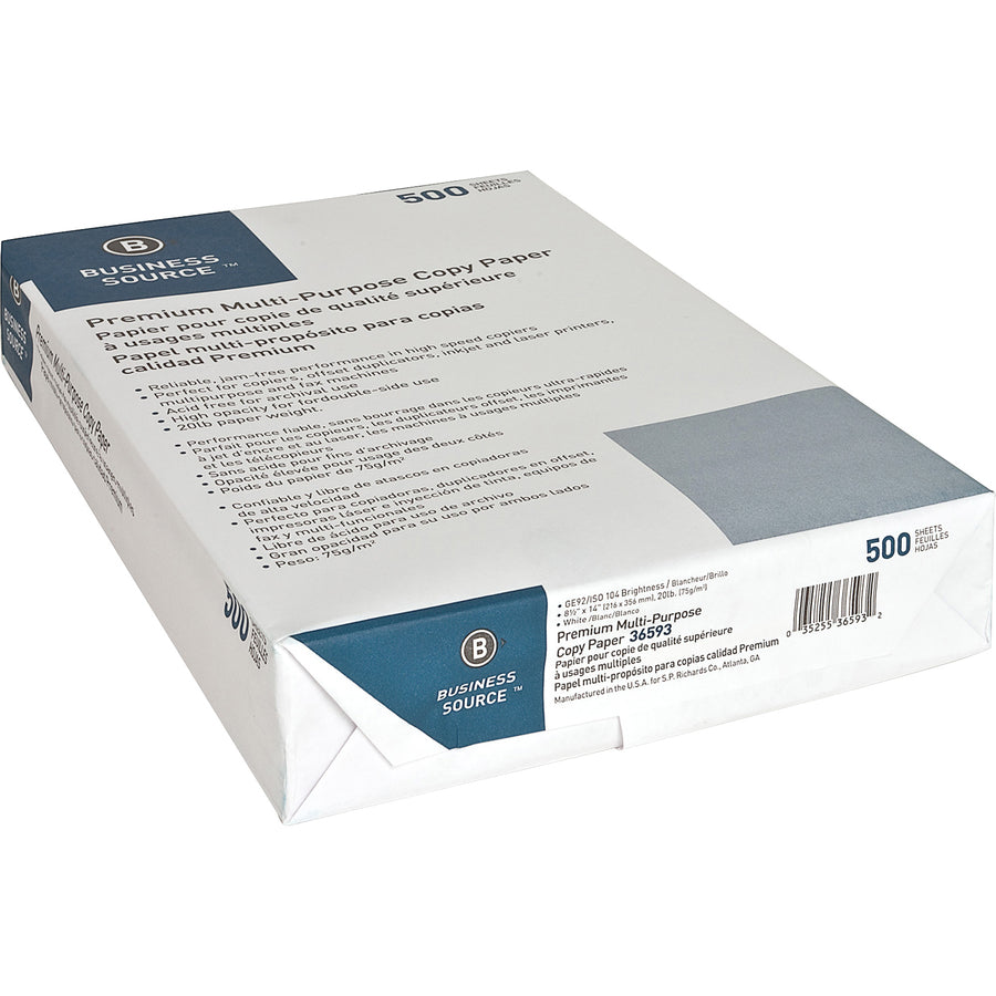 Image of Business Source Multipurpose Paper,20lb,92Bright,8-1/2"x14",500/RM,300/PL,WE