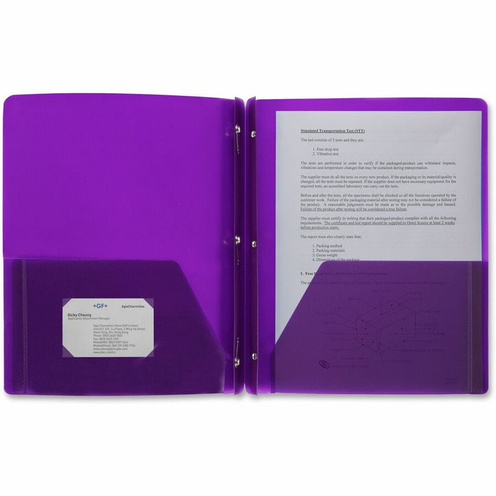 Image of Business Source 20885 3-Hole Punched Poly Portfolios, 8 1/2" x 11", 50 Sheets Capacity, 3 x Prong Fastener, 2 Pocket, Purple, 1 Each