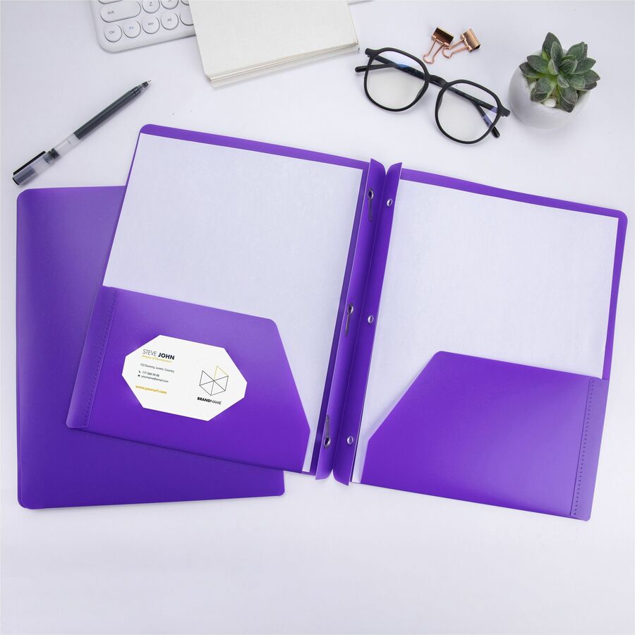 Image of Business Source 20885 3-Hole Punched Poly Portfolios, 8 1/2" x 11", 50 Sheets Capacity, 3 x Prong Fastener, 2 Pocket, Purple, 1 Each