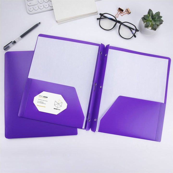Image of Business Source 20885 3-Hole Punched Poly Portfolios, 8 1/2" x 11", 50 Sheets Capacity, 3 x Prong Fastener, 2 Pocket, Purple, 1 Each