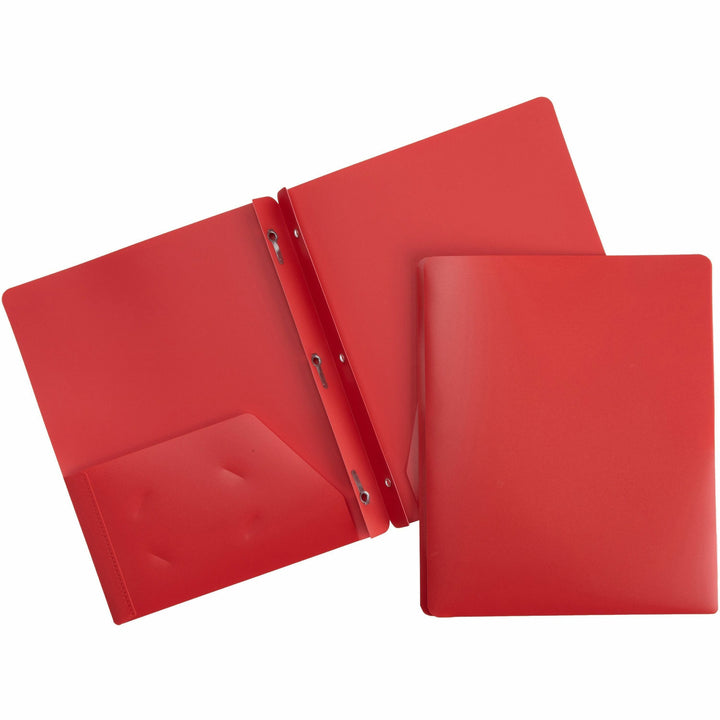Image of Business Source 20887 3-Hole Punched Poly Portfolios, 8 1/2" x 11", 50 Sheets Capacity, 3 x Prong Fastener, 2 Pocket, Red, 1 Each
