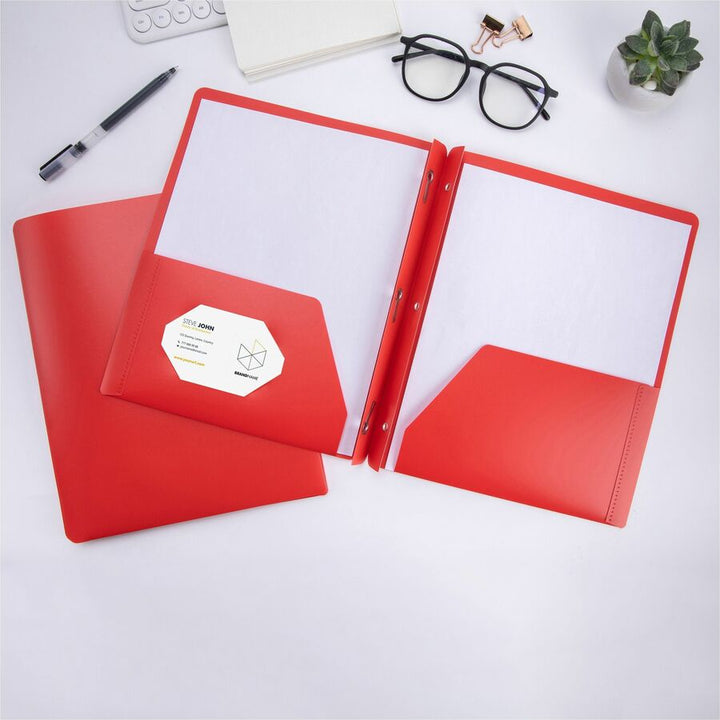 Image of Business Source 20887 3-Hole Punched Poly Portfolios, 8 1/2" x 11", 50 Sheets Capacity, 3 x Prong Fastener, 2 Pocket, Red, 1 Each