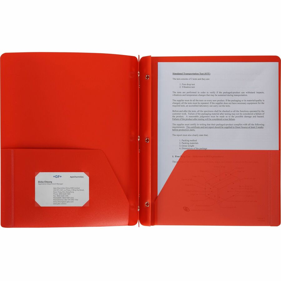 Image of Business Source 20887 3-Hole Punched Poly Portfolios, 8 1/2" x 11", 50 Sheets Capacity, 3 x Prong Fastener, 2 Pocket, Red, 1 Each