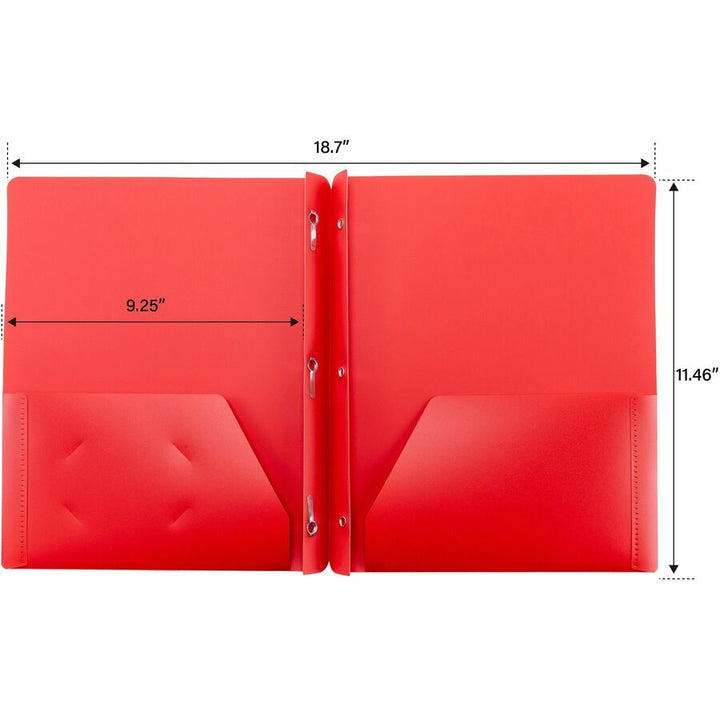 Image of Business Source 20887 3-Hole Punched Poly Portfolios, 8 1/2" x 11", 50 Sheets Capacity, 3 x Prong Fastener, 2 Pocket, Red, 1 Each