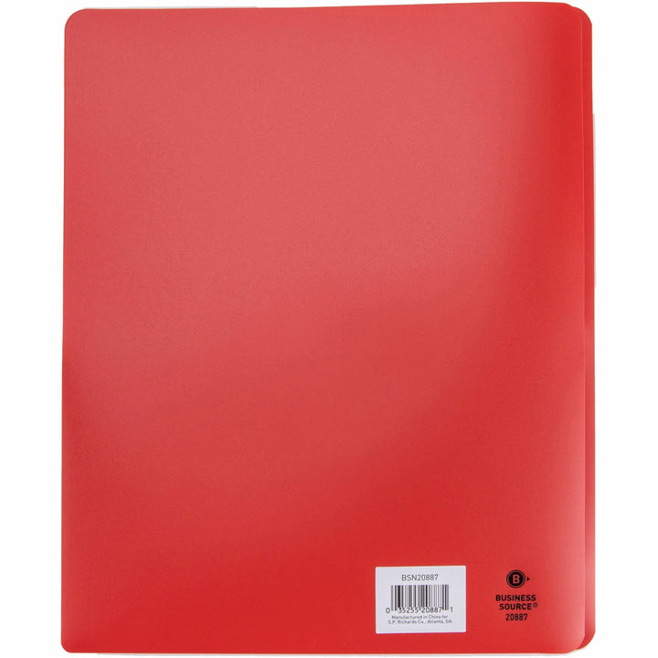 Image of Business Source 20887 3-Hole Punched Poly Portfolios, 8 1/2" x 11", 50 Sheets Capacity, 3 x Prong Fastener, 2 Pocket, Red, 1 Each