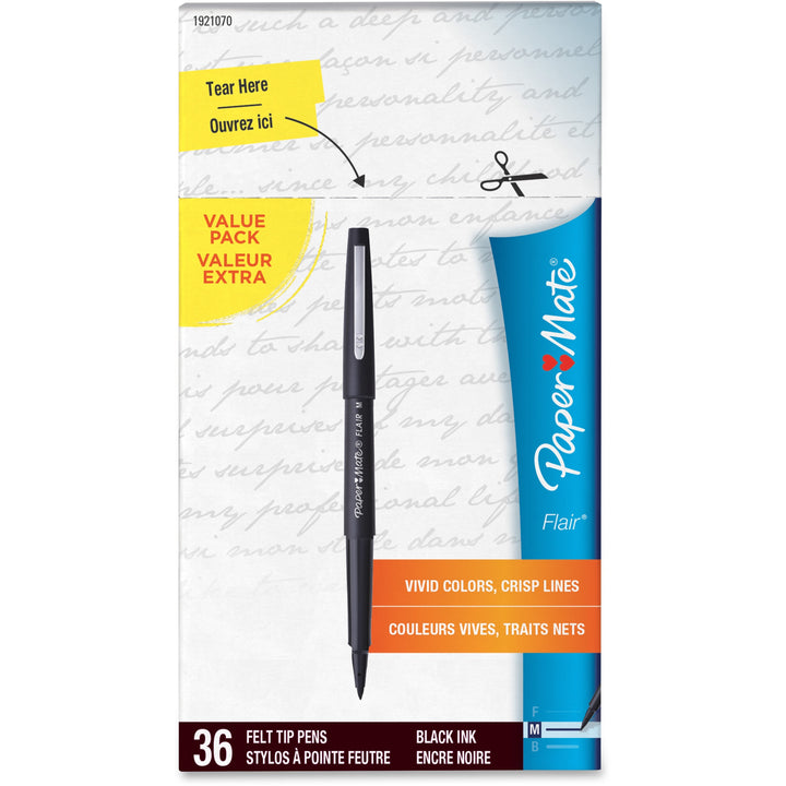 Image of Paper Mate 1921070 Flair Medium Point Porous Markers, 0.7 mm Pen Point, Black Ink, Water Based, Black Barrel, Felt Tip, 36 / Pack
