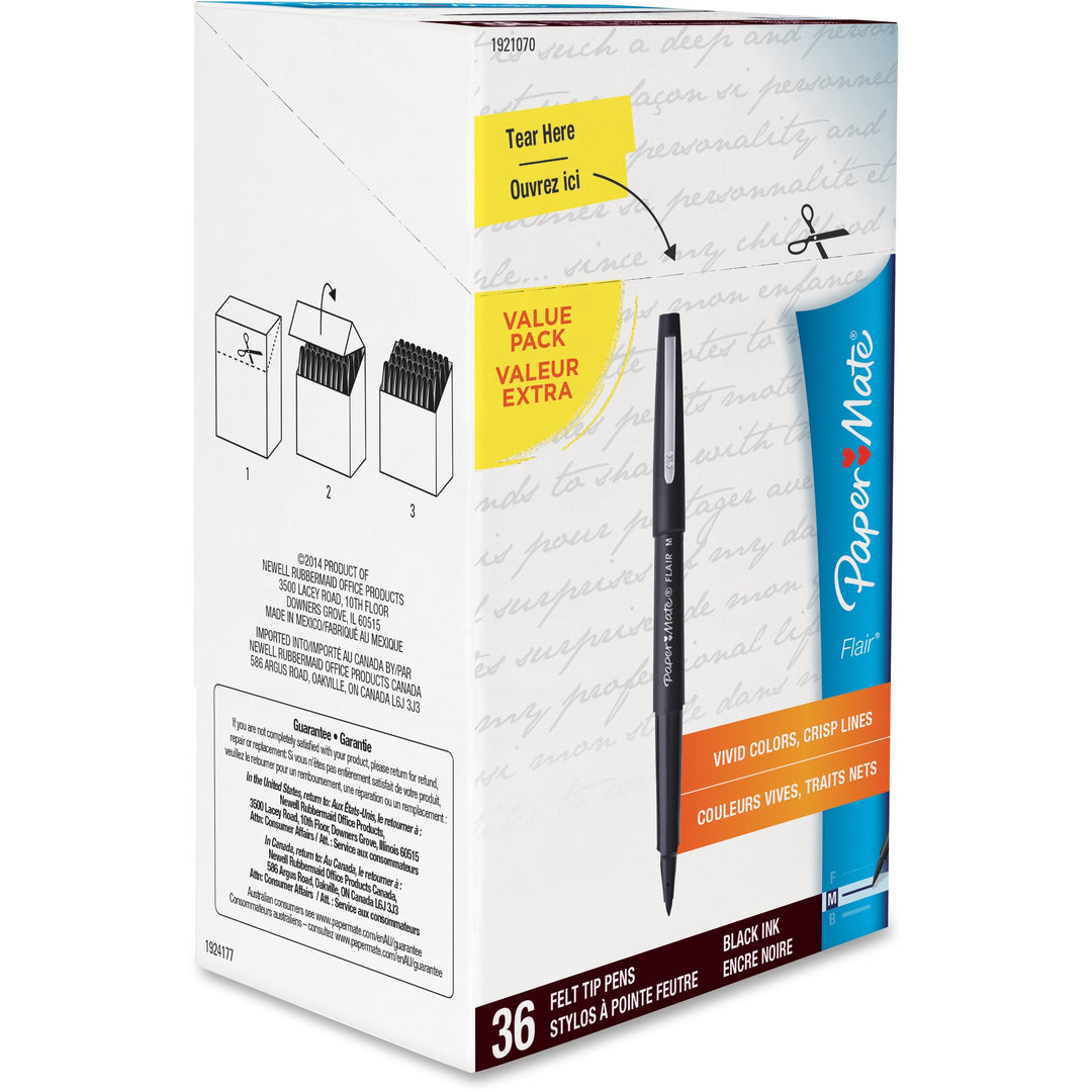 Image of Paper Mate 1921070 Flair Medium Point Porous Markers, 0.7 mm Pen Point, Black Ink, Water Based, Black Barrel, Felt Tip, 36 / Pack