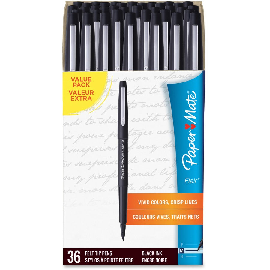 Image of Paper Mate 1921070 Flair Medium Point Porous Markers, 0.7 mm Pen Point, Black Ink, Water Based, Black Barrel, Felt Tip, 36 / Pack