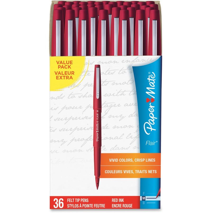Image of Paper Mate 1921091 Flair Medium Point Porous Markers, 0.7 mm Pen Point, Red Ink, Water Based, Red Barrel, Felt Tip, 36 / Pack