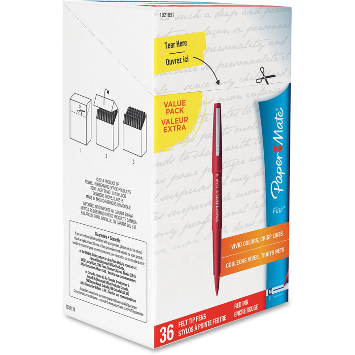 Image of Paper Mate 1921091 Flair Medium Point Porous Markers, 0.7 mm Pen Point, Red Ink, Water Based, Red Barrel, Felt Tip, 36 / Pack