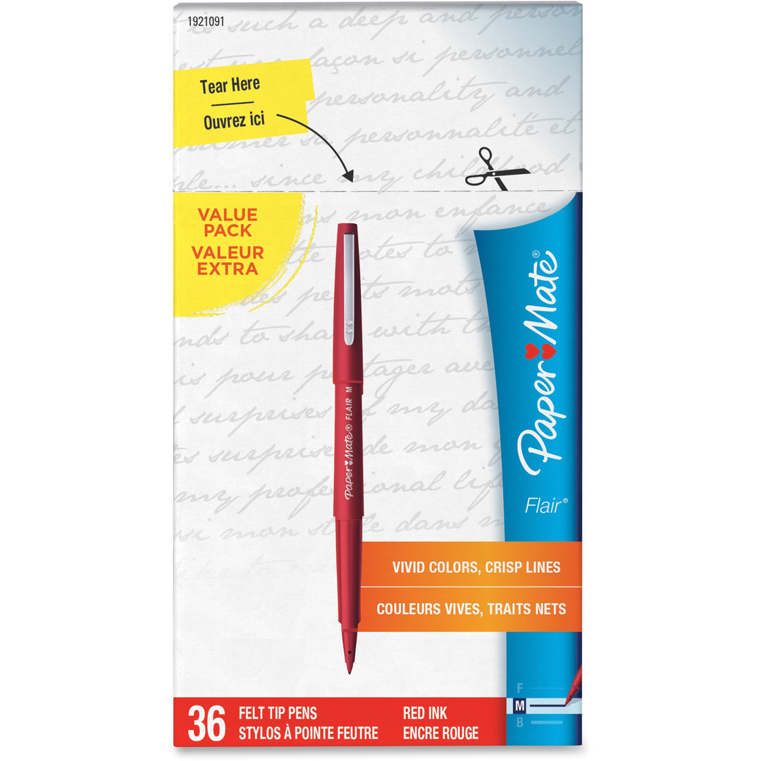 Image of Paper Mate 1921091 Flair Medium Point Porous Markers, 0.7 mm Pen Point, Red Ink, Water Based, Red Barrel, Felt Tip, 36 / Pack