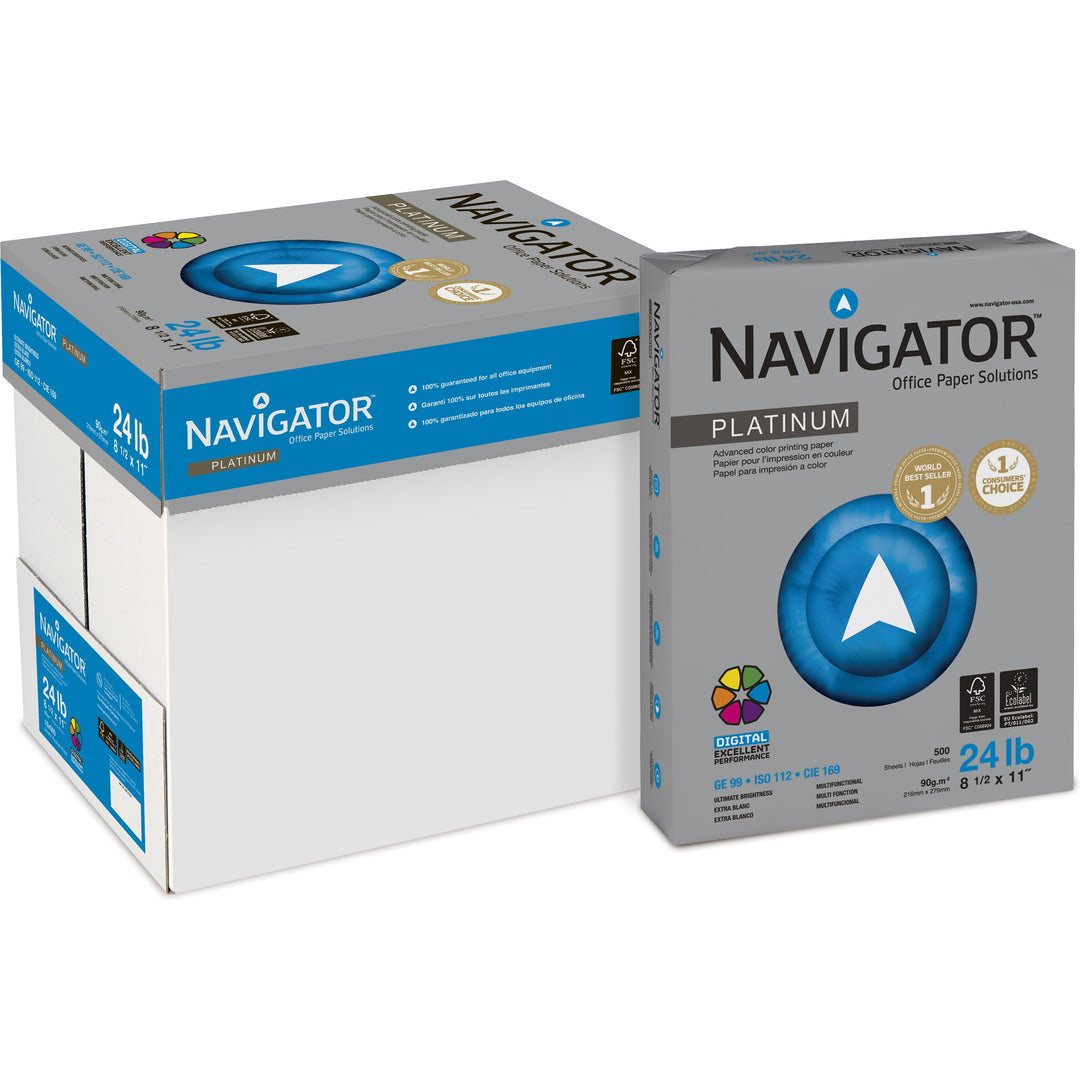 Image of Navigator® Platinum Paper, 99 Bright, 24 lb Bond Weight, 8.5 x 11, White, 500 Sheets/Ream, 10 Reams/Carton