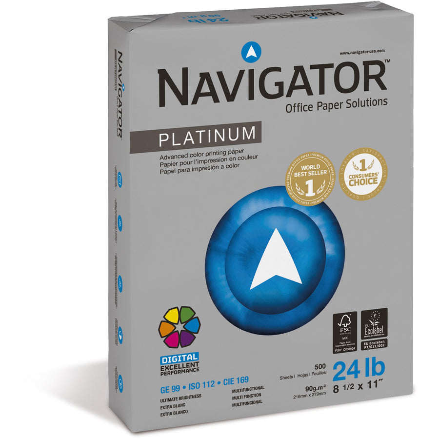 Image of Navigator® Platinum Paper, 99 Bright, 24 lb Bond Weight, 8.5 x 11, White, 500 Sheets/Ream, 10 Reams/Carton