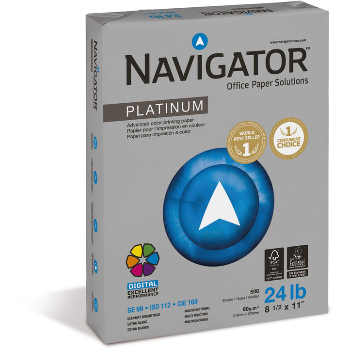 Image of Navigator® Platinum Paper, 99 Bright, 24 lb Bond Weight, 8.5 x 11, White, 500 Sheets/Ream, 10 Reams/Carton