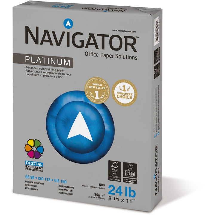 Image of Navigator® Platinum Paper, 99 Bright, 24 lb Bond Weight, 8.5 x 11, White, 500 Sheets/Ream, 10 Reams/Carton