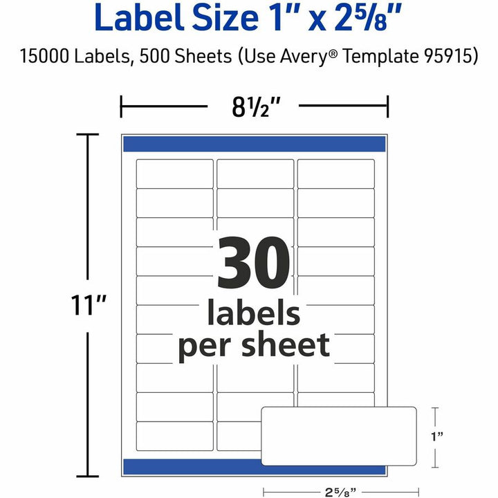 Image of Avery® Easy Peel White Address Labels W/ Sure Feed Technology, Laser Printers, 1 X 2.63, White, 30/sheet, 500 Sheets/box